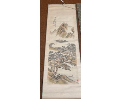 Antique  Chinese scroll landscape  painting.Antique late 1800's to early 1900's Chinese landscape painting on silk.Signed and