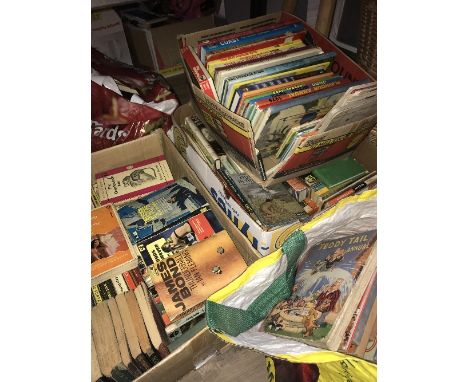 3 BOXES AND TWO BAGS OF BOOKS AND VINTAGE ANNUALS