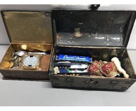 2 VINTAGE TINS OF ASSORTED GOOD INCLUDING PENKNIVES ETC