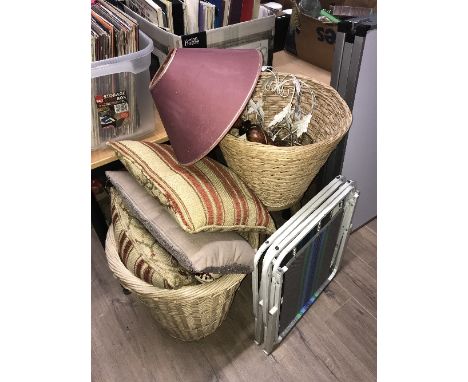 2 BASKETS 2 LIGHT FITTINGS LAMP CUSHION AND STOOL ETC