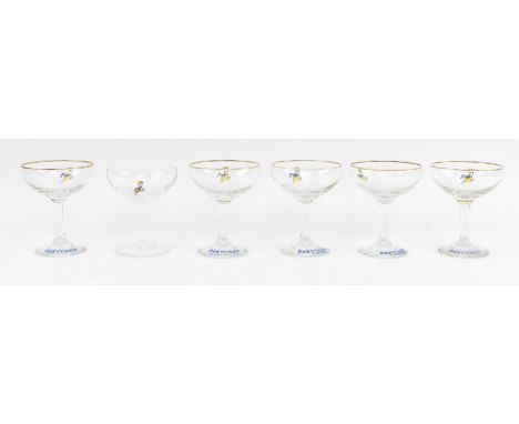 Babycham - a collection of six vintage mid century champagne fizz coupe glasses. Each glass with gilt rim, baby jumping deer 