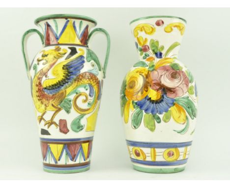 Two vintage mid century Italian majolica sgraffito hand painted ceramic flower vases. The lot comprising a twin handled vase 
