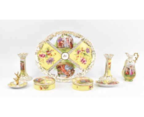 An early 20th century Meissen style dressing table set of fine bone china with heavy gilt &amp; Neoclassical designs. The lot