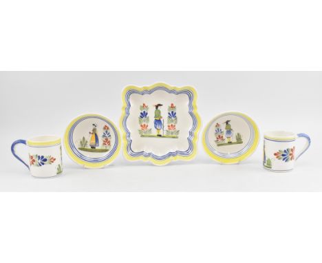 Henriot - Quimper, France - An assortment of five hand-painted ceramic ware. The lot to include a pair of single handled mugs