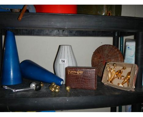 A shelf of miscellaneous items. 