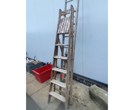 A long aluminium ladder and vintage wooden ladder 