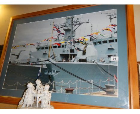 A framed and glazed battle ship print. COLLECT ONLY. 