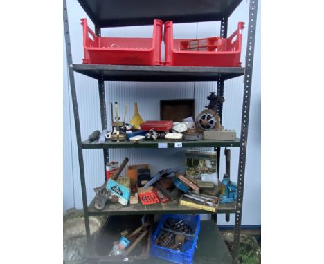 4 shelves of workshop tools, tins etc 