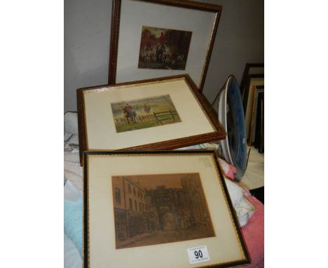 A framed and glazed Lincoln print and two hunting prints. 