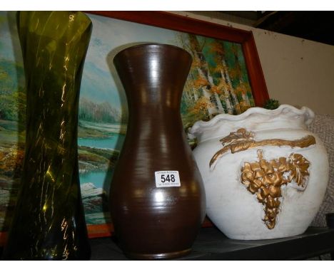 A shelf of assorted ceramics including vase, jardiniere etc., 