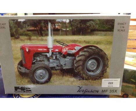 A boxed Universal Hobbies 1:16 scale Ferguson system Massey Ferguson MF35X tractor, as found exhaust broken off