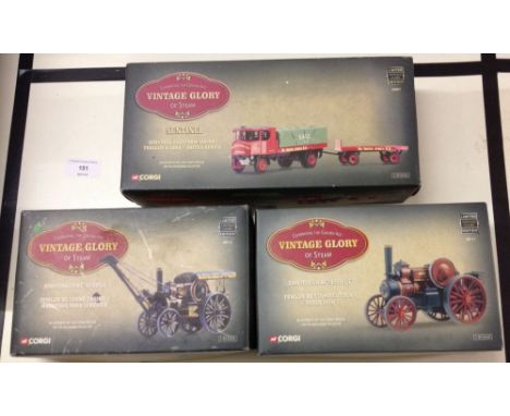 3 boxed Corgi vintage glory of the steam vehicles 1:50 scale. 1, A Fowler B6 crane engine ~ 80112 2, A Fowler B6 stump cutter