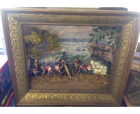 A cased Napoleonic Battle of Waterloo diorama with 'Black Watch' 42nd Highlanders 1:32 scale with open front & curved painted