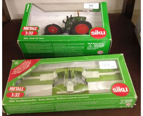 2 boxed Siku 1:32 scale farm diecast: 1) Fendt 312 Vario Tractor #3056. 2) Rotary Mowers #2265.