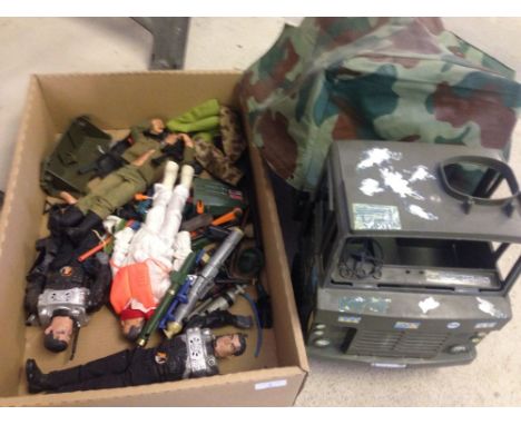 A box of Action Man toys to include 4 Action Men, Army truck, clothes and accessories