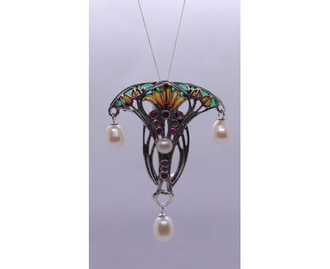 Silver enamel and ruby pendant 