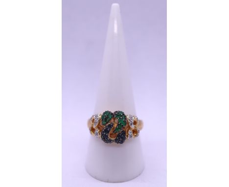 Unusual 18ct gold emerald, sapphire &amp; diamond ring - Size S, Approx gross weight 7g - Size S