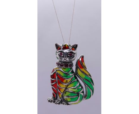 Silver enamel and ruby cat brooch 