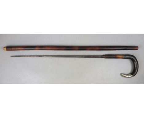 Hallmarked silver horn handled swordstick with unusual cruciform blade - Overall length approx 82cm