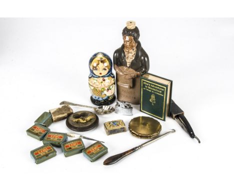 A mixed lot, including a Denby figural stoneware flask of Daniel O'Connell, a Russian doll set, a wooden and brass snuff box,