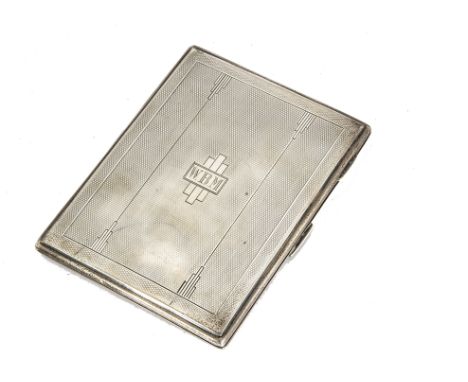 An Art Deco George V silver cigarette case, of rectangular form with engine turned decoration, central cartouche with engrave