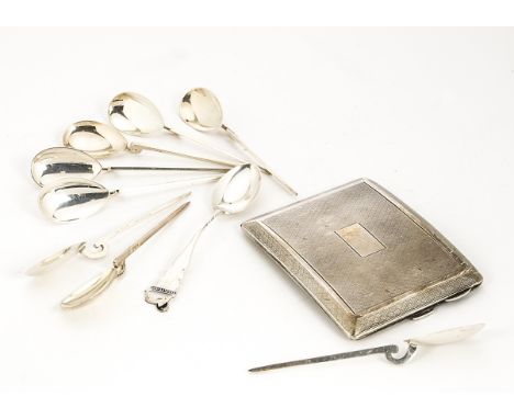 An Art Deco period silver cigarette case, together with a set of eight silver replica Corinthian coffee spoons and a silver W