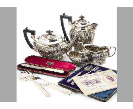 A small group of Victorian and later silver and silver plate, including a Victorian silver and ivory butter knife in case, a 