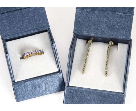 A pair of alexandrite and 9ct gold earrings, of linear drop design, 4cm drop, together with a six stone tanzanite 9ct gold dr