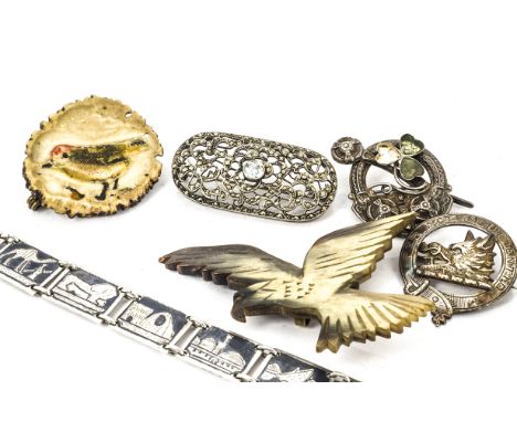 A silver and enamel floral pendant, together with two marcasite brooches, two silver Scottish brooches and various other item