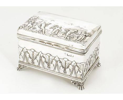 An early 20th Century silver cigarette box, possibly by Henry Nutting &amp; Robert Hennell, with embossed scene of Grecian fi