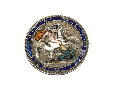 A George IV silver and enamel double florin brooch, with St George and dragon in bright enamel the reverse mounted with later
