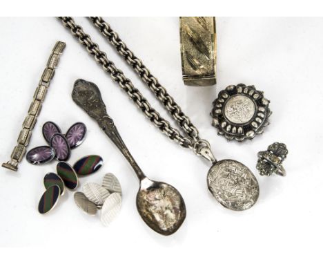 A pair of silver and enamel oval cufflinks, (af), a pair of silver engine turned examples, silver locket and white metal chok