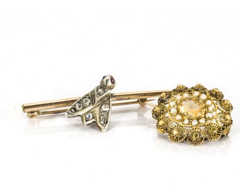 A diamond and ruby eyed bug brooch on a later mounted pearl set stick pin, 4.5cm together with a paste and seed pearl filigre