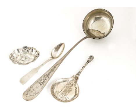 Four items of 19th and 20th Century continental silver, including a soup ladle marked 800, a Swedish spoon with engraved myth