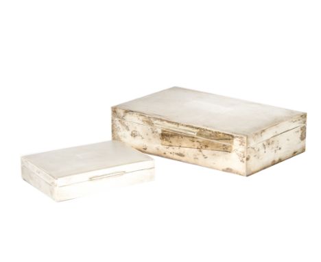 Two c1960s silver cigarette boxes, both with engine turned outers, one 18.5cm and the other 11.2cm 