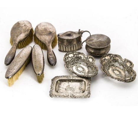 Ten Victorian and 20th Century silver items , including a Dutch silver dish, repaired, a pair of pierced bon bon dishes, a mu
