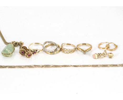 A small quantity of miscellaneous gold and gem set jewellery, including a continental ruby three stone ring, three 9ct gold r