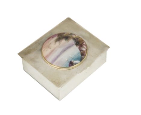 An Art Deco period American silver cigarette box by Black Starr &amp; Gorham with an inset Royal Worcester panel, the now loo