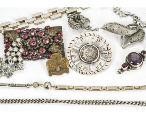 A quantity of silver and white metal costume jewels, including an amethyst and garnet pendant, a Mexican silver brooch, a mar