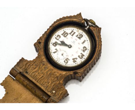 An early 20th Century Omega gun metal cased open faced pocket watch, 50mm case, white enamel dial, chipped, with 12 and 24 ho