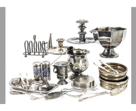 A large collection of Georgian and Victorian and later silver plated items, including three entrée dishes, a chamber stick, a