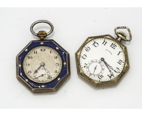 Two Art Deco period octagonal open faced pocket watches, one with blue enamel and gilt surround, the other a Duquesne Illinoi