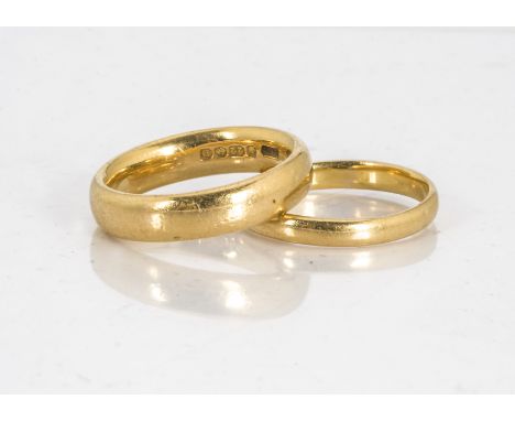 Two D shaped 22ct gold wedding bands, size K 1/2 and L, 10g  L thicker band 4.6mmK 1/2 thinner band 2.6mm
