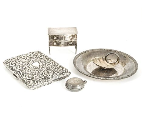 Five collectable items of Victorian and later silver, including an Edwardian novelty stamp holder in the form a chest of draw