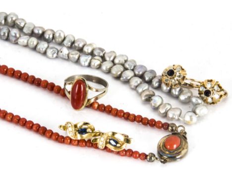 Two pairs of gem set gold earrings, a coral graduated necklace with silver clasp, a matching ring and a freshwater pearl neck