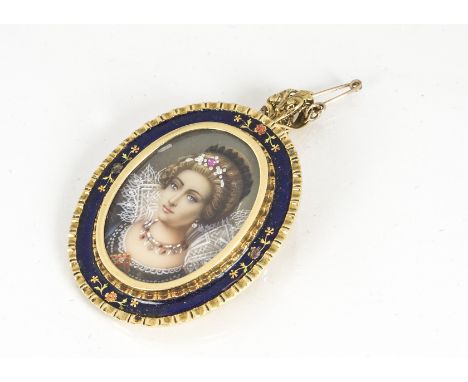 An 18ct gold miniature portrait pendant and brooch, centred with a young woman with high lace collar, within a blue enamel fr