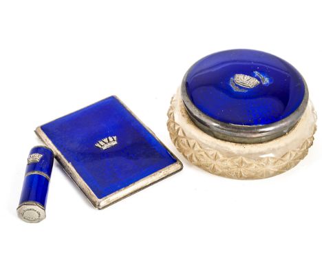 Three Art Deco blue enamelled Naval related lady's vanity items, including a cut glass pot with silver and enamelled cover, A