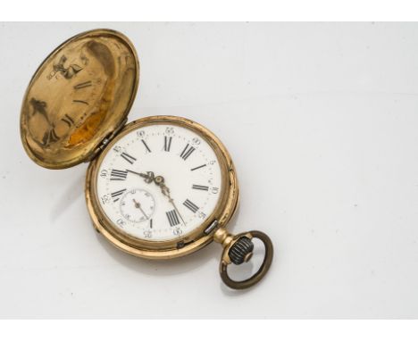 A late 19th century continental 18ct gold full hunter pocket watch, 50mm case, engine turned outer with vacant cartouche to f