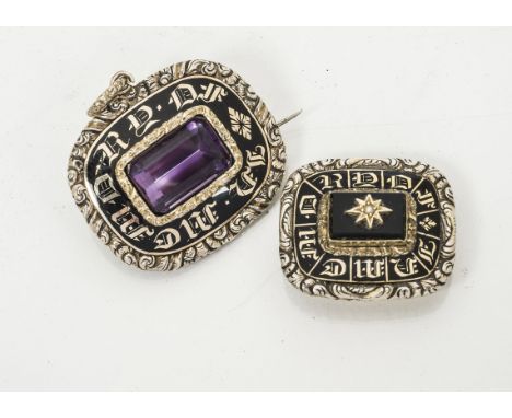 A Victorian paste set gilt metal and enamel in memory brooch, with later attached bale engraved to reverse, 'My dear father E
