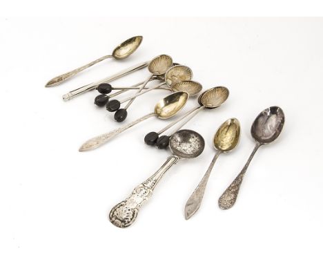 A collection of 19th and 20th Century silver teaspoons and coffee spoons and other items, including three sets of six, a case